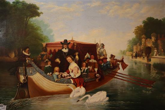 English School c.1900, oil on canvas, Charles I and his family delivered by barge to the tower, 74 x 110cm, unframed